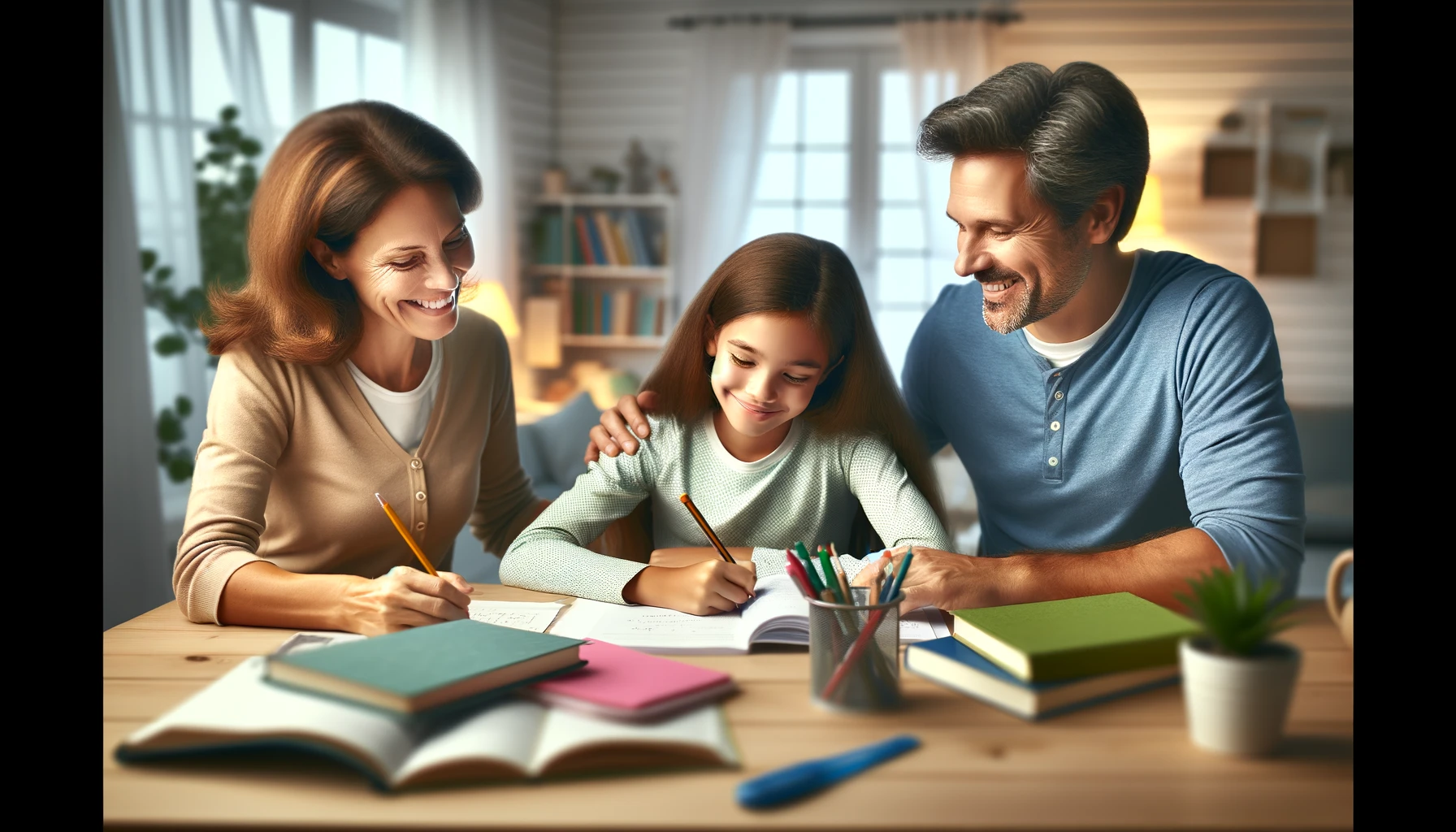 Una coppia di genitori che aiuta la figlia a fare i compiti in vista dell'esame di terza media