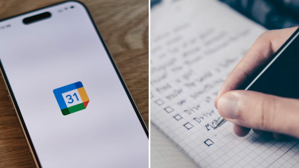 Un collage con da un lato un cellulare con l'icona di google calendar e dall'altro una mano che scrive una lista di attività per organizzare lo studio durante le vancanze